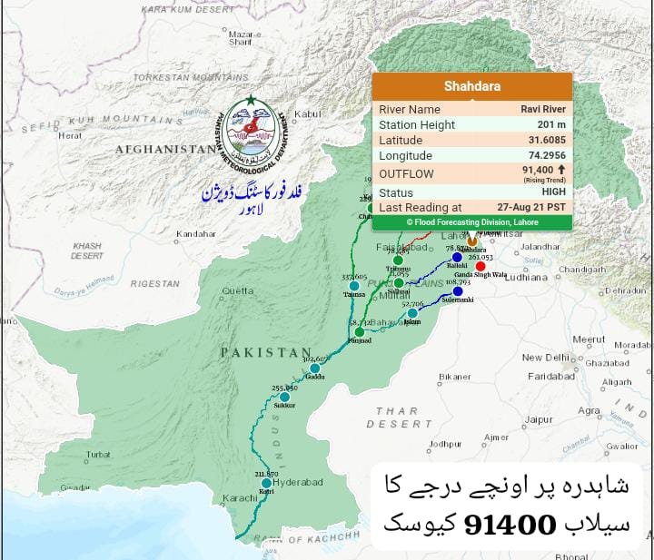 Ravi River in high flood at Siphon point; PDMA shares emergency helplines