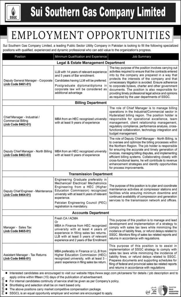 SSGC Sui Southern Gas Company Limited jobs 2025