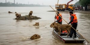Six lions rescued from floodwaters near Ravi River in Lahore