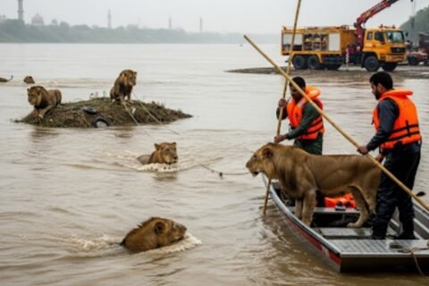 Six lions rescued from floodwaters near Ravi River in Lahore